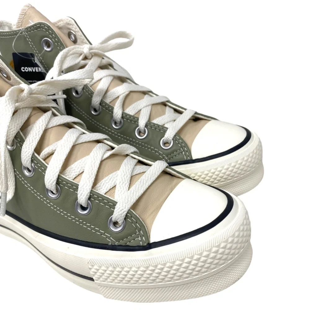 Converse Ctas Lift Platform Shoes Women Leather Green Beige Custom 568163C-WWGBG - Picture 3 of 10